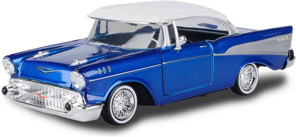 1957 Chevrolet Bel Air Lowrider Blue with White roof 1/24 Diecast Model Motormax Get Low 79030