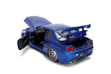 Jada Fast & Furious Brian’s 2002 Nissan Skyline R34 Brushed Finish 1:24 Diecast Model Car, Blue Brushed Finish, 37704