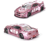 True Scale Miniatures Model Car Compatible with Nissan Skyline GT-R (R34) Kaido Racing Factory V1 Pink 1/64 Diecast Model Car Kaido House KHMG128