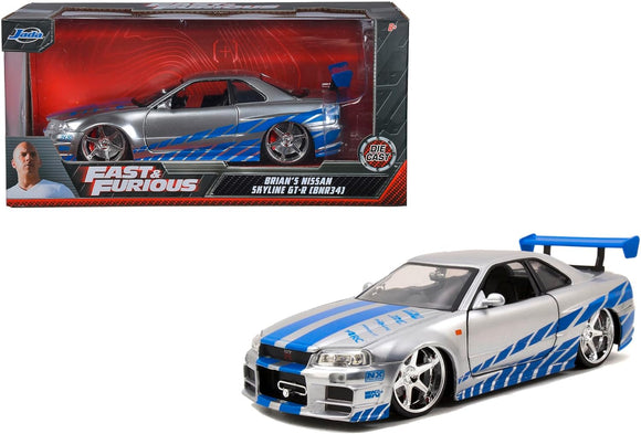 Jada 1/24 Fast & Furious Brian’s 2002 Nissan Skyline R34 Diecast Model Car, Silver & Blue, 97158