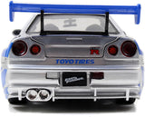 Jada 1/24 Fast & Furious Brian’s 2002 Nissan Skyline R34 Diecast Model Car, Silver & Blue, 97158