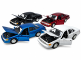 Motormax 1998 Ford Crown Victoria Four Car 1/ 24 Scale Diecast Model Collection Black, Red, White, and Blue 76102