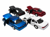 Motormax 1998 Ford Crown Victoria Four Car 1/ 24 Scale Diecast Model Collection Black, Red, White, and Blue 76102