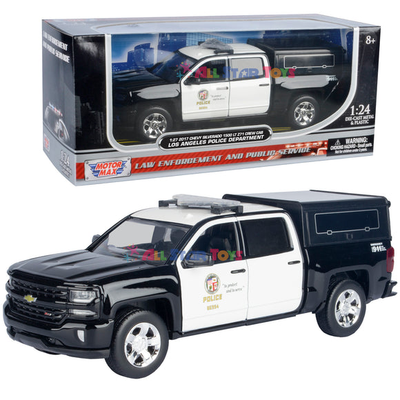 2017 Chevy Silverado 1500 LT Crew Cab LAPD (Los Angeles Police Department) Police Pickup Truck with Camper Black&White 1/27 Diecast Model Motormax Law Enforcement Series 76633