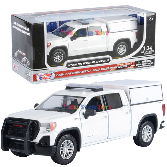2019 GMC Sierra 1500 SLT Crew Cab Police Pickup Truck with Camper 1/27 Diecast Model Motormax Law Enforcement Series Builder Kit 76634 White