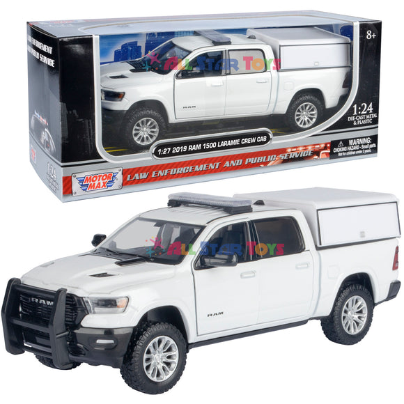 2019 Ram 1500 Laramie Crew Cab with Camper Cap Police Pickup Truck 1:27 Diecast Model Motormax Law Enforcement Series 76817 WHITE