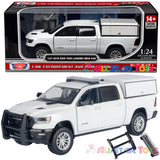 2019 Ram 1500 Laramie Crew Cab with Camper Cap Police Pickup Truck 1:27 Diecast Model Motormax Law Enforcement Series 76817 WHITE