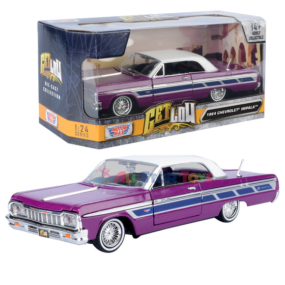 Motormax Get Low Series 1964 Chevrolet Impala Hard Top Lowrider 1:24 Diecast Model Purplewith White Top 79021