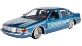 Motormax Get Low Series 1993 Chevrolet Chevy Caprice Lowrider 1:24 Diecast Model Blue with Body Graphics 79022
