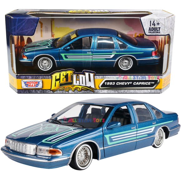 Motormax Get Low Series 1993 Chevrolet Chevy Caprice Lowrider 1:24 Diecast Model Blue with Body Graphics 79022