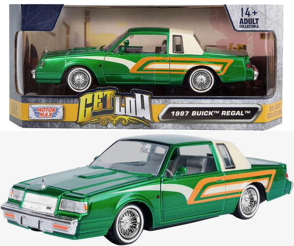 Motormax Get Low Series 1987 Buick Regal 3.8 SFI Turbo Green Metallic and Cream with Graphics Lowrider 1:24 Diecast Model 79023