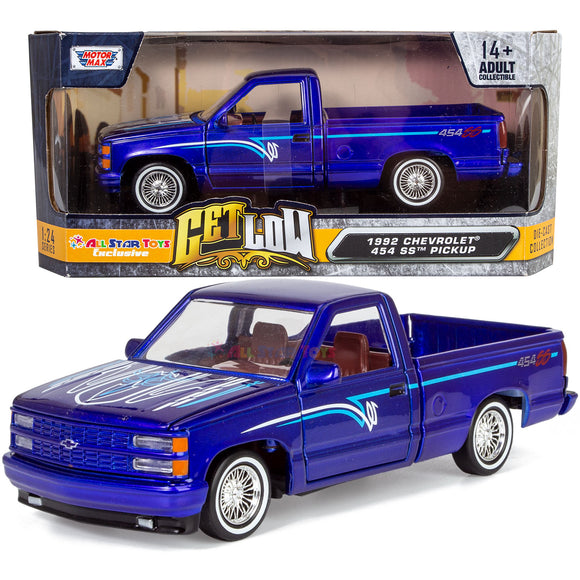 1992 Chevrolet C1500 454SS Pickup Chevy Lowrider Truck Candy Blue w/ Graphics 1/24 Diecast Model Car by All Star Toys Exclusive Get Low Series 79036