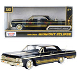 1964 Chevrolet Impala Midnight Eclipse Series Black with Gold Trims, Lowrider Wheels 1:24 Diecast Model 79202 Black