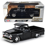 1958 Chevy Apache Fleetside Pickup Truck Lowrider Motormax Maxx Design Series 1/24 Diecast Model Car 79311MX Black