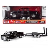 Motormax 2018 Chevy Silverado 1500 LTZ Crew Cab Pickup Truck with a Car Hauler, Truck & Tow Trailer Combo, 1/27 Scale Diecast Model, Black, All Star Toys Exclusive 79353/76001