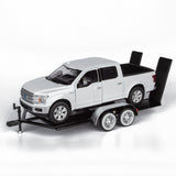 Motormax 2019 Ford F-150 Lariat Crew Cab Pickup Truck with a Car Hauler, Truck & Tow Trailer Combo - 1/27 Scale Diecast Model, White, All Star Toys Exclusive 79363/76001
