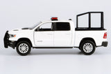 Motormax 1/27 2019 Ram 1500 LARAMIE CREW CAB Police Pickup Truck White with Cage Bar and Realistic Light and Sound 79545WHT