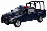 Motormax 1/27 2019 Ram 1500 LARAMIE CREW CAB Police Pickup Truck Blue with Cage Bar and Realistic Light and Sound 79545BLU