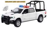 Motormax 1/27 2019 Ram 1500 LARAMIE CREW CAB Police Pickup Truck White with Cage Bar and Realistic Light and Sound 79545WHT