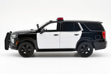 2025 Chevrolet Tahoe PPV Police Pursuit Vehicle w/ Light and Sound 1/25 Diecast Police Car Model Builder Kit Motormax 79623 Black&White