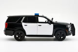 2025 Chevrolet Tahoe PPV Police Pursuit Vehicle w/ Light and Sound 1/25 Diecast Police Car Model Builder Kit Motormax 79623 Black&White