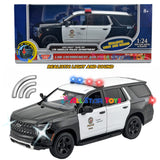 2025 Chevrolet Tahoe Los Angeles Police Department LAPD Police Pursuit Vehicle w/ Light and Sound 1/25 Diecast Police Car Model Builder Kit Motormax 79627 Black&White