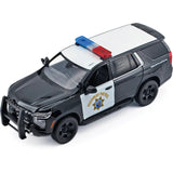 2025 Chevrolet Tahoe California Highway Patrol CHP Police Pursuit Vehicle w/ Light and Sound 1/25 Diecast Police Car Model Builder Kit Motormax 79629 Black&White