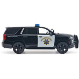 2025 Chevrolet Tahoe California Highway Patrol CHP Police Pursuit Vehicle w/ Light and Sound 1/25 Diecast Police Car Model Builder Kit Motormax 79629 Black&White