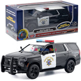 2025 Chevrolet Tahoe California Highway Patrol CHP Police Pursuit Vehicle w/ Light and Sound 1/25 Diecast Police Car Model Builder Kit Motormax 79629 Black&White