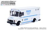 1993 Grumman Olson Police Van, NYPD New York City Police Department, White with Blue Stripes, 1/43 scale Diecast Car, Greenlight 86193