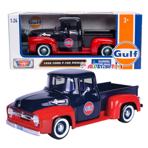 Motormax 1:24 scale 1956 Ford F-100 (F100) Pickup Truck, Gulf Oil Livery Navy & Red Diecast Model 79647