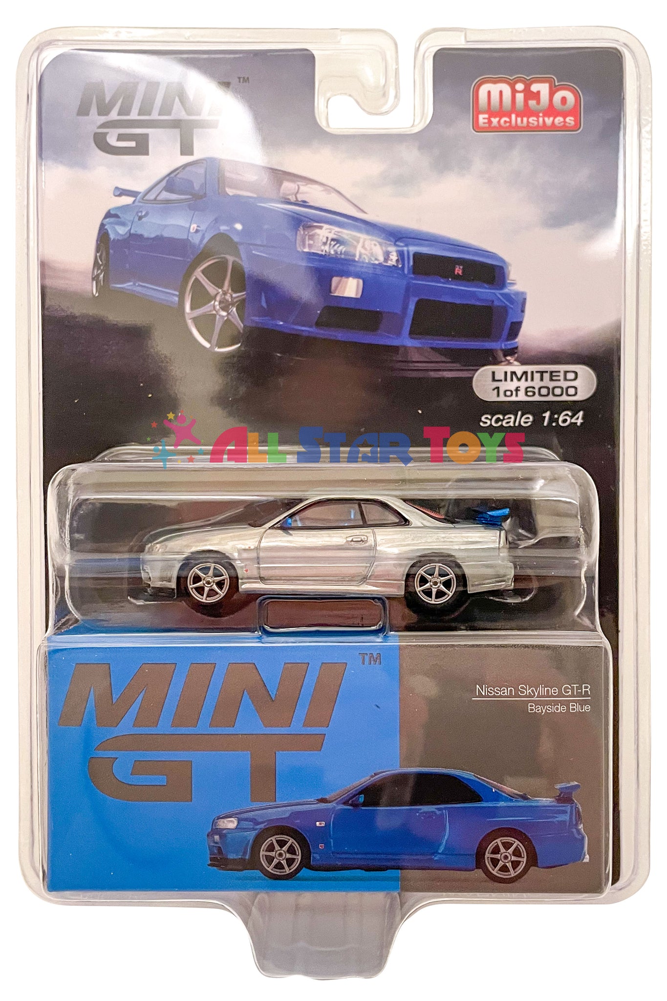 TSM 1:64 MINI GT Nissan Skyline GT-R (R34) V-Spec II Bayside Blue 