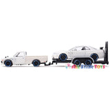 Maisto 1:24 Scale 1973 Datsun 620 Pickup Truck with Flatbed Trailer Hauling a Nissan Skyline R34 GTR, White 32754