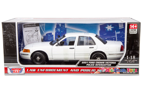 2001 Ford Crown Victoria Undecorated Police Car Sleektop with Builder Kit (Optional Push Bar & Light Bar) White 1:18 Scale Diecast Model by Motormax 73517