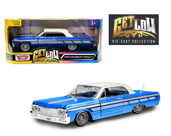 Motormax Get Low Series 1964 Chevrolet Impala Hard Top Lowrider 1:24 Diecast Model Blue with White Top 79021