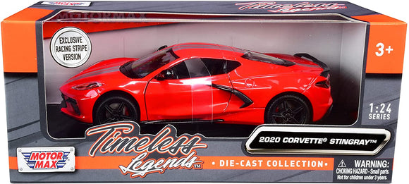 2020 Chevrolet Corvette C8 1:24 Scale Model Motormax 79360 red with racing stripes