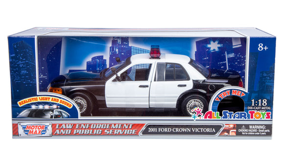 Motormax 1:18 2001 Ford Crown Victoria Police Light & Sound Unmarked Black 73991